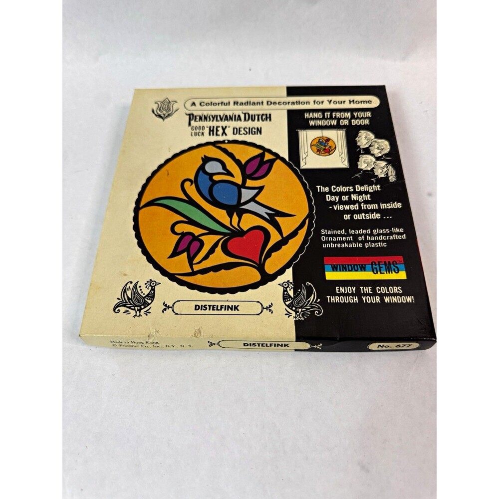 Vtg Window Gems PA Dutch Good Luck Hex Design Distelfink Suncatcher W/ Box